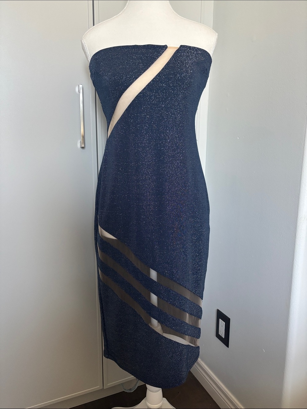 Strapless Navy Blue Sheath Dress with Champagne Cutout Accents